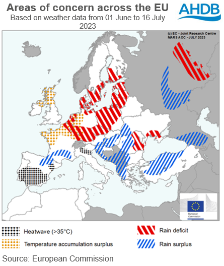 Figure showing areas for concern due to weather across the EU